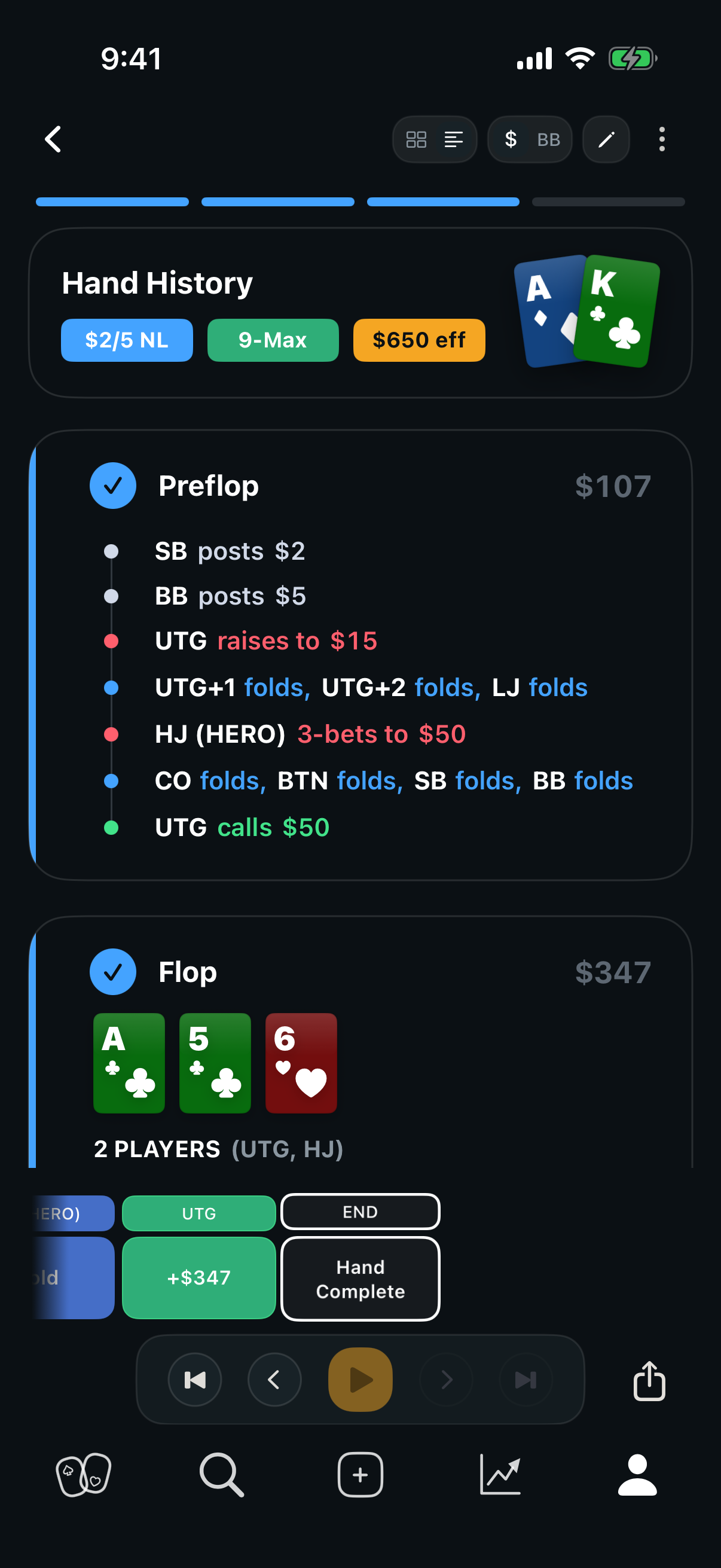 Text history replay of the same poker hand