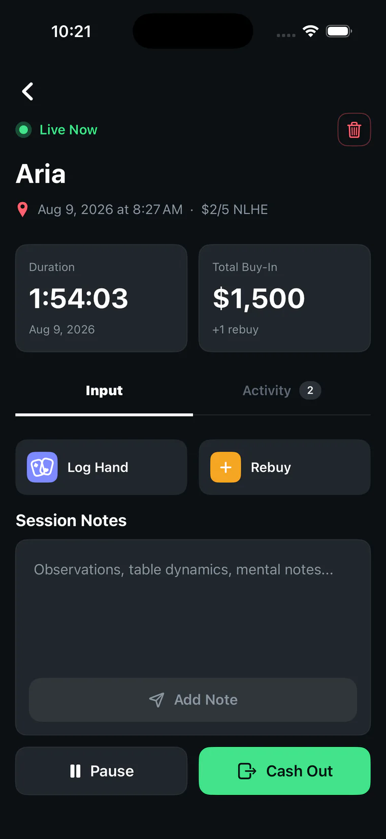 A live poker session tracked in Showdown